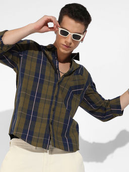 Campus Sutra - Mens Olive Green Tartan Plaid Shirt