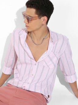 Campus Sutra - Mens Pink Heathered Striped Shirt