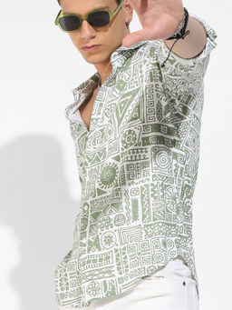 Campus Sutra - Mens Sage Green Contrast Aztec Shirt