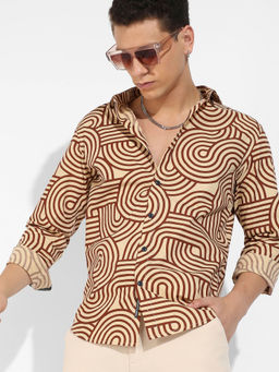 Campus Sutra - Mens Beige and Brown Contrast Lines Shirt