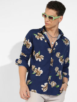 Campus Sutra - Mens Indigo Blue Floral Print Shirt