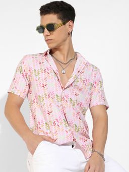 Campus Sutra - Mens Pink Leaf Strokes Shirt