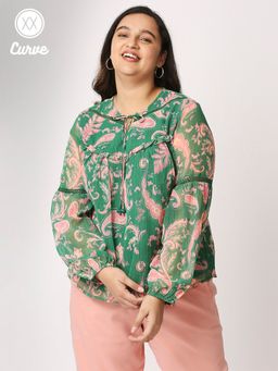 Twenty Dresses by Nykaa Fashion - Curve Green Printed Round Neck Top