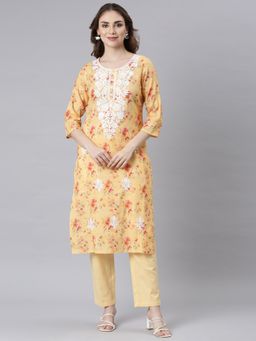 NEERU'S - Yellow Panelled Straight Floral Kurta and Pant (Set of 2)