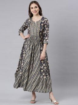 NEERU'S - Navy Blue Flared Casual Ethnic Motifs Maxi Dress