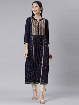 NEERU'S - Navy Blue Curved Casual Ethnic Motifs Kurta