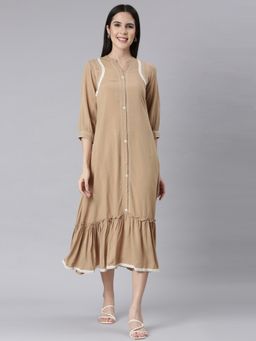 NEERU'S - Beige Curved Casual Solid Midi Dress