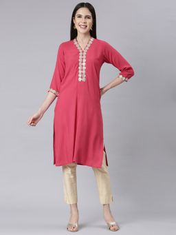 NEERU'S - Pink Panelled Straight Embellished Kurta
