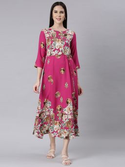 NEERU'S - Magenta Curved Casual Floral Midi Dress with Belt