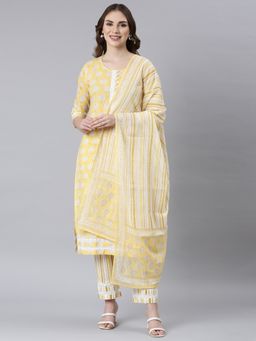 NEERU'S - Yellow Panelled Straight Floral Kurta and Pant with Dupatta (Set of 3)