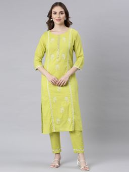 NEERU'S - Green Panelled Straight Ethnic Motifs Kurta and Pant (Set of 2)