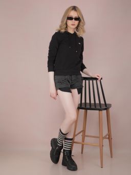 CRIMSOUNE CLUB - Women Black Graphic Print Hooded Neck Sweatshirt