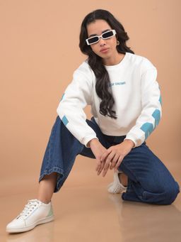 CRIMSOUNE CLUB - Women White Typographic Printed Crop Length Sweatshirt