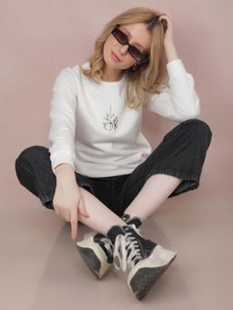 CRIMSOUNE CLUB - Women Off White Graphic Print Sweatshirt