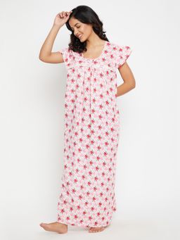 Clovia - Pretty Florals Long Nighty in White - 100Percent Cotton (Pack of 2)
