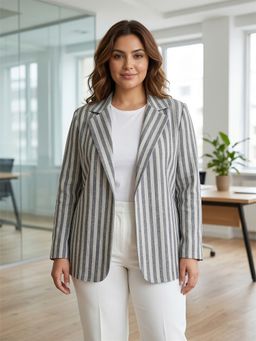 Qurvii - Gray Stripes Linen Blazer