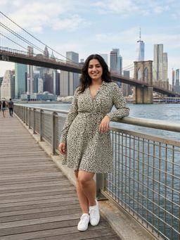 Qurvii - White Ditsy Floral Print Dress