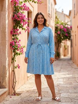 Qurvii - Blue Ditsey Floral Print Dress