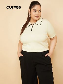 max - Women Off White Polyester Blend Solid Polo T-Shirt
