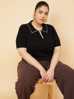 max - Women Black Polyester Blend Solid Polo T-Shirt