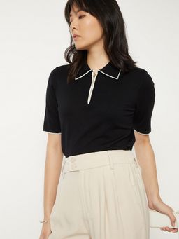 max - Women Black Polyester Blend Solid Regular Polo T-Shirt