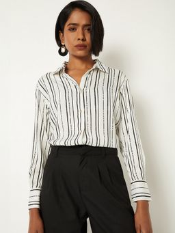 max - Women Striped Satin-Finish Cream Shirt