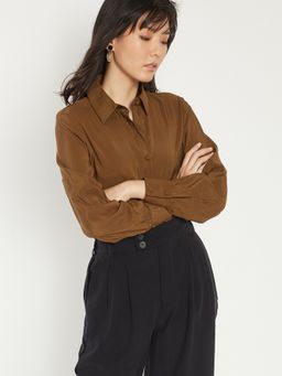 max - Women Solid Regular Fit Semi Formal Brown Shirt