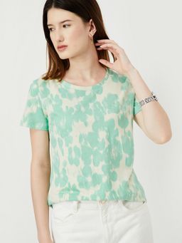 max - Women Green Cotton Abstract Regular T-Shirt