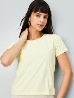max - Women Yellow Polyester Blend Textured Regular T-Shirt