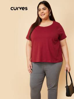 max - Women Red Cotton Blend Solid T-Shirt