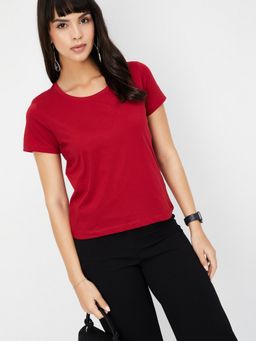 max - Women Red Cotton Blend Solid Regular T-Shirt
