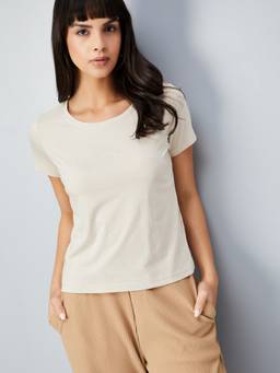 max - Women Beige Cotton Blend Solid Regular T-Shirt