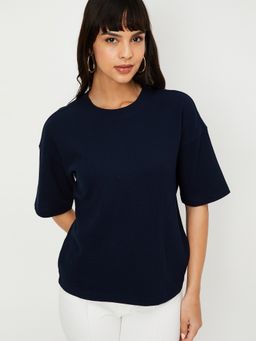 max - Women Blue Cotton Blend Solid Regular T-Shirt