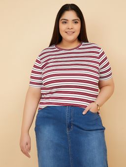 max - Women Red Polyester Blend Stripes T-Shirt