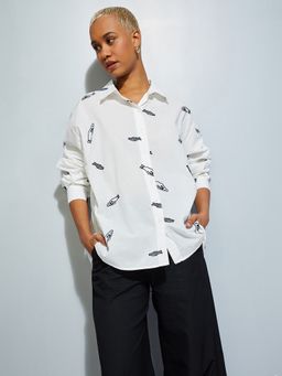 max - Women Embroidered Oversized Cream Shirt