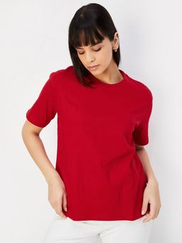 max - Women Red Cotton Solid Regular T-Shirt