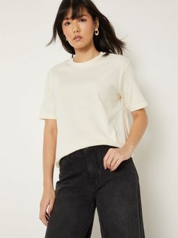 max - Women White Cotton Solid Regular T-Shirt