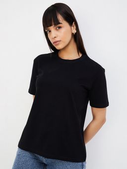 max - Women Black Cotton Solid Regular T-Shirt