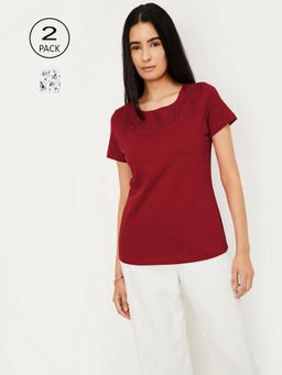 max - Women Multi-Color Cotton Solid Regular T Shirt (Pack of 2)