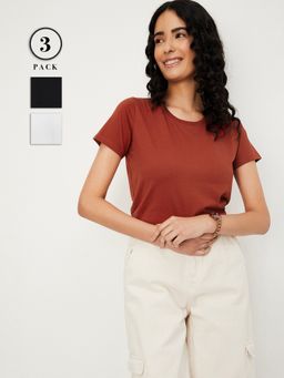 max - Women Multi-Color Cotton Solid Regular T Shirt (Pack of 3)
