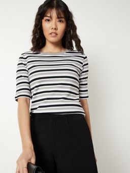 max - Women Black Cotton Blend Stripes Regular T-Shirt