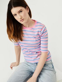 max - Women Purple Cotton Blend Stripes Regular T-Shirt