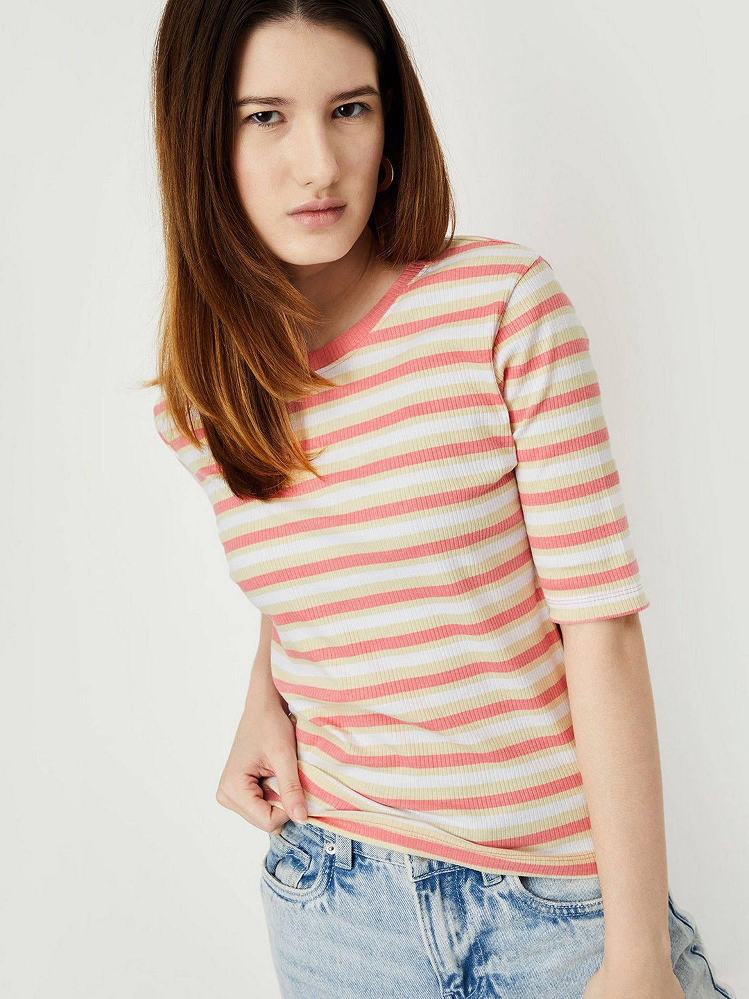 max Women Beige Cotton Blend Stripes Regular T-Shirt-picture-40