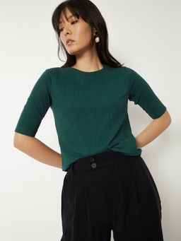 max - Women Green Cotton Blend Textured Regular T-Shirt