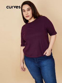 max - Women Purple Cotton Blend Textured T-Shirt