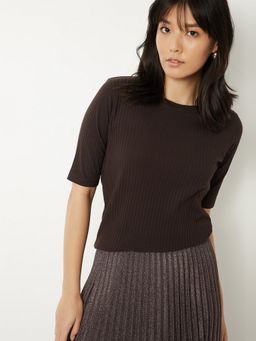 max - Women Brown Cotton Blend Textured Regular T-Shirt