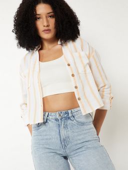 max - Women Striped Boxy Fit Crop Beige Shirt