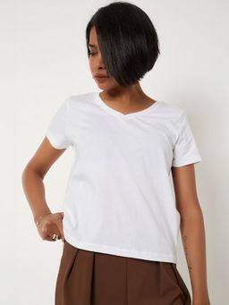 max - Women White Cotton Solid Regular T-Shirt