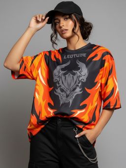 LEOTUDE - Women Black Flames Printed Oversized Tshirt