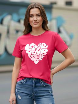 LEOTUDE - Women Pink Love Yourself Graphic Printed Cotton T-Shirt